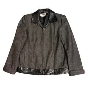 Vtg Joan Leslie Womens Tweed Blazer Sz 8 Black Faux Leather Trim Office Academia